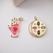 Load image into Gallery viewer, Enamel Hamsa Hand Charm, Planet Pendant, 18K Gold Plated CZ Pave Pendant, Necklace Making Charm, Jewelry Findings S1197