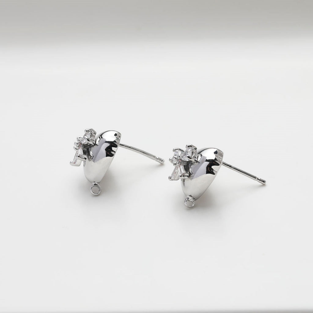 Heart CZ Post Earring, 14K Gold/Silver Nickel Free Earrings, S925 Silver Ear Pins, Heart Shape Ear Stud with Loop GZ508