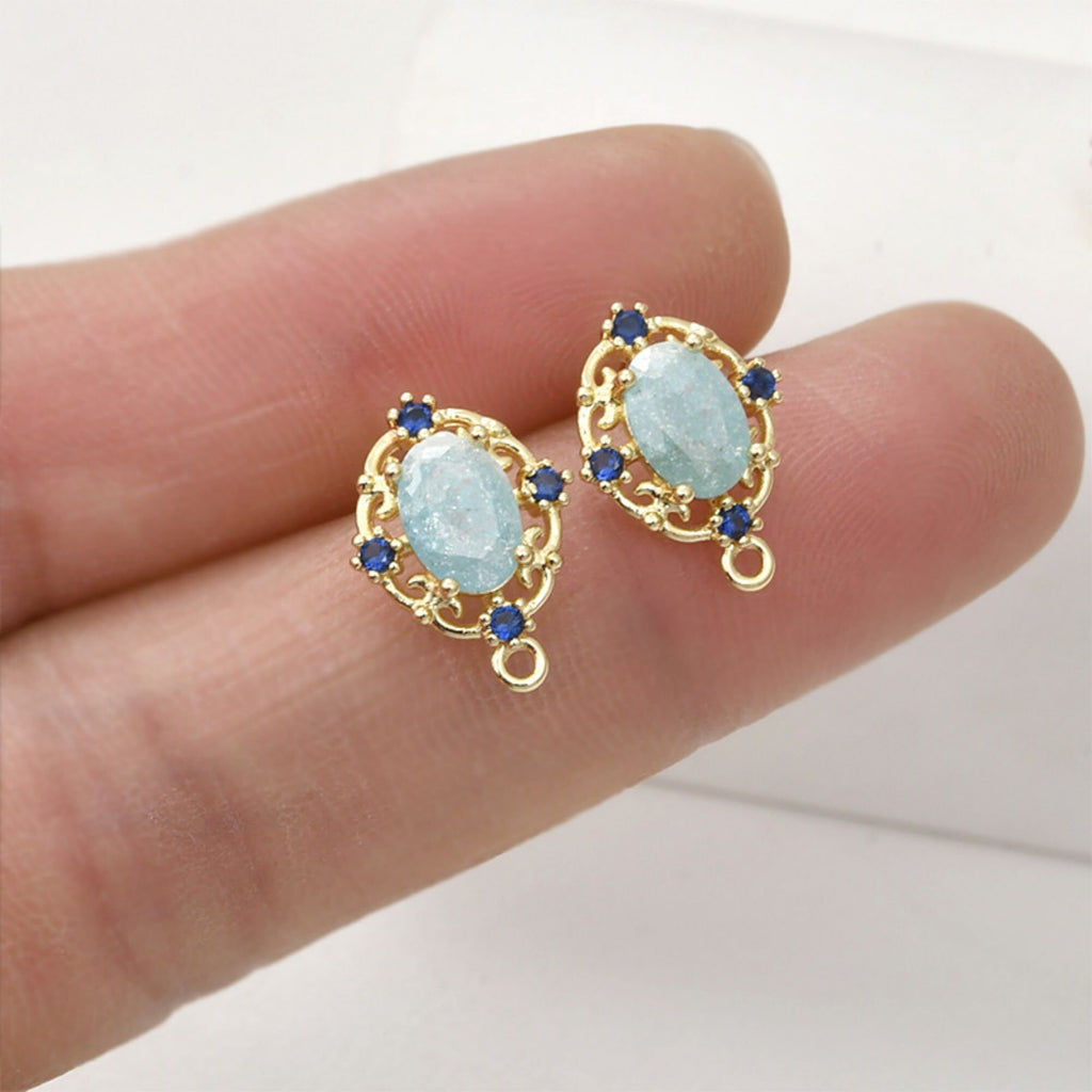 Vintage Oval Ear Post with Loops, Pave Aquamarine Cracked Stone, S925 Silver Ear Pin Nickel Free, 18K Gold Plated Stud Earring Finding LL195