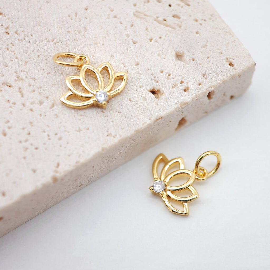 2PCS Lotus Flower Charms, 18K Gold Plated Cubic Pave Charms, Plant Pendant, Necklace Earring Making Charms, 11x13mm, Jewelry Findings S744