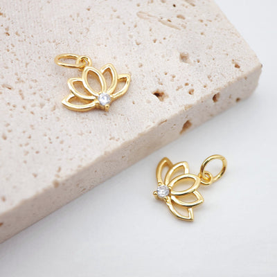 2PCS Lotus Flower Charms, 18K Gold Plated Cubic Pave Charms, Plant Pendant, Necklace Earring Making Charms, 11x13mm, Jewelry Findings S744