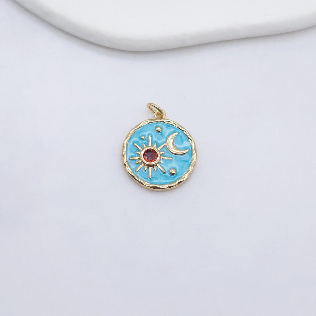 Enamel Cubic Moon & Star Charm, 18K Gold Plated Multicolor Pave Round Pendant, 18mm, Necklace Making Charm, Jewelry Findings S20235