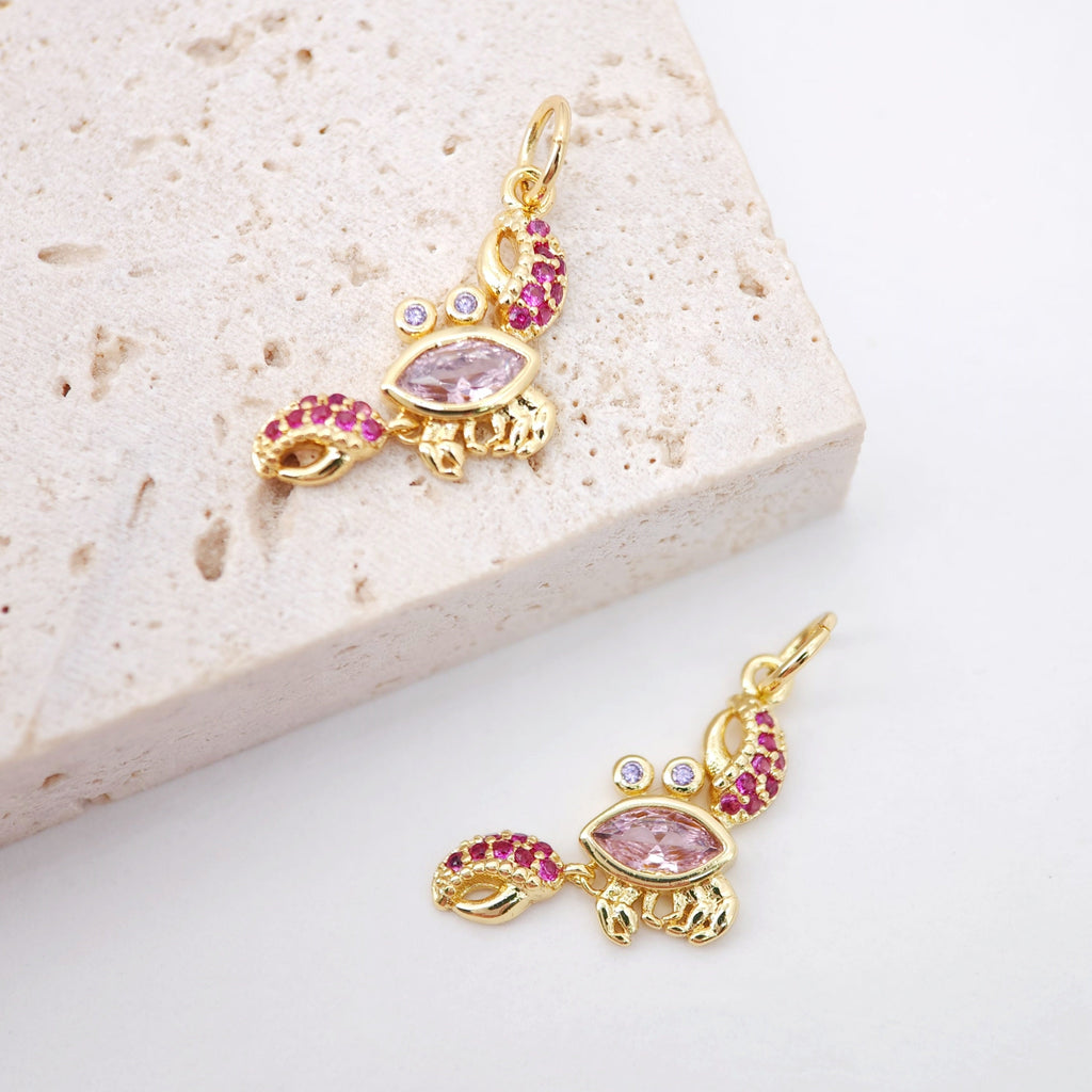Red Cubic Crab Charms, 18K Gold Plated Micro CZ Pave Charms, 16x13mm, Summer Beach Pendant,  Earring Charms, Jewelry Findings S159