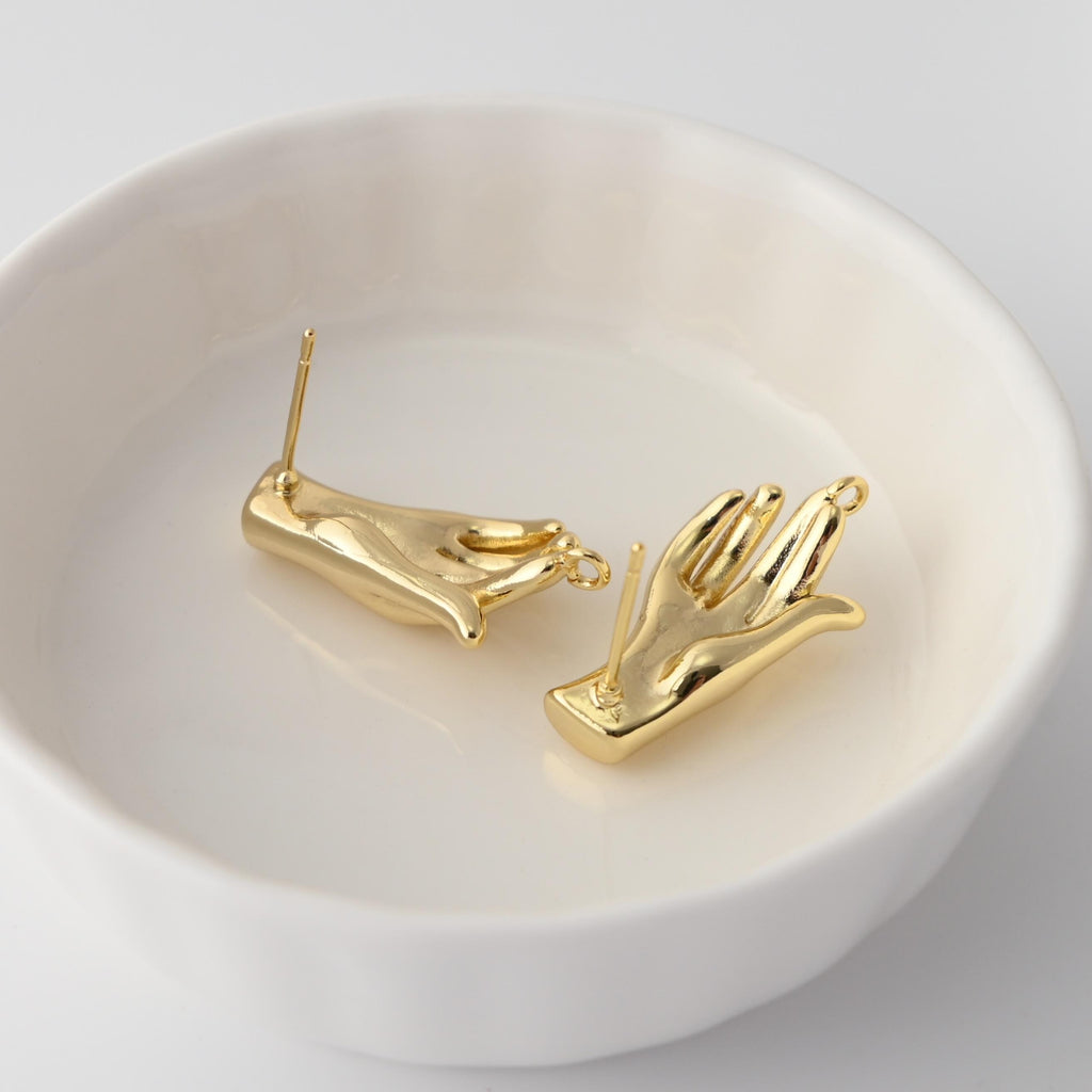 Gold Hand Earrings Post With Loop, 18K Gold Plated, Nickel Free, S925 Silver Pin,Ear Stud Hypoallergenic Earring Findings D0349