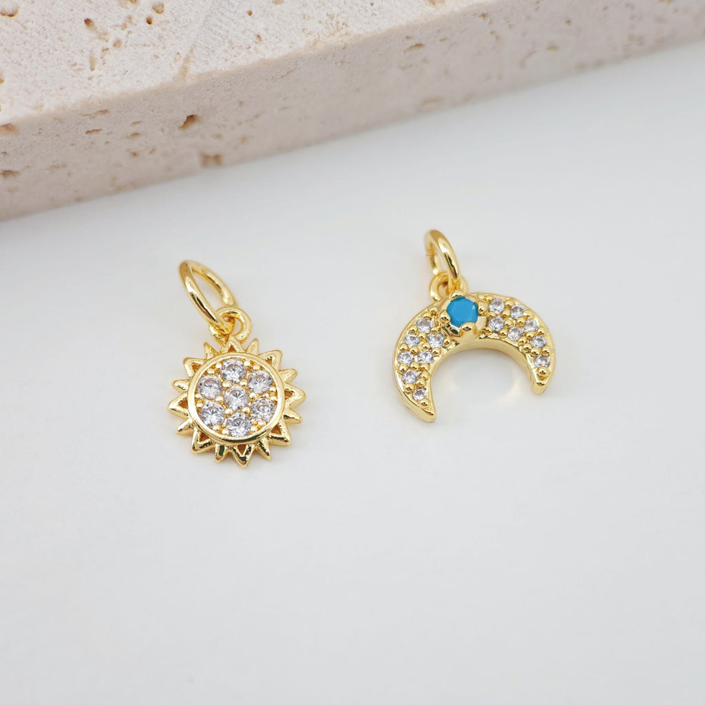 Dainty Sun Moon Charm, Sunny Crystal Cubic Pendant, 18K Gold Plated Micro CZ Pave, Necklace Making Charm, Jewelry Findings S108