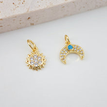 Load image into Gallery viewer, Dainty Sun Moon Charm, Sunny Crystal Cubic Pendant, 18K Gold Plated Micro CZ Pave, Necklace Making Charm, Jewelry Findings S108