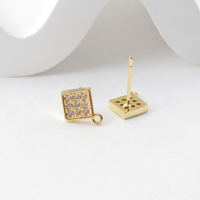 Square Post with Loop, Pave CZ, 18K Gold, S925 Silver Pin Nickel Free Earrings, Hypoallergenic Earring Findings D0221