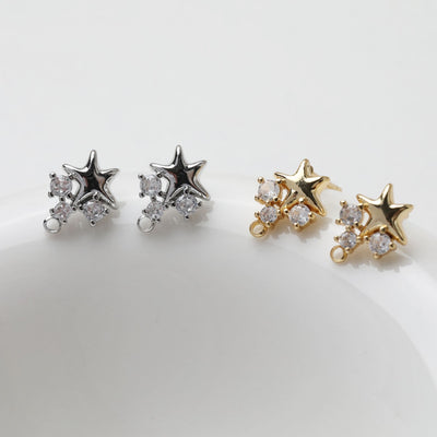 Star Pave Cubic Earring Post, Shell Post, Gold/Silver, S925 Silver Pin Nickel Free Earrings, Hypoallergenic Earring Findings GT051