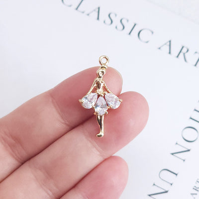 CZ Pave Ballet Dancer Charm, Cubic Zircon Crystal Ballet Girl, Necklace Pendant, 14K Real Gold Plated Charm, Jewelry Findings ZR005-F030