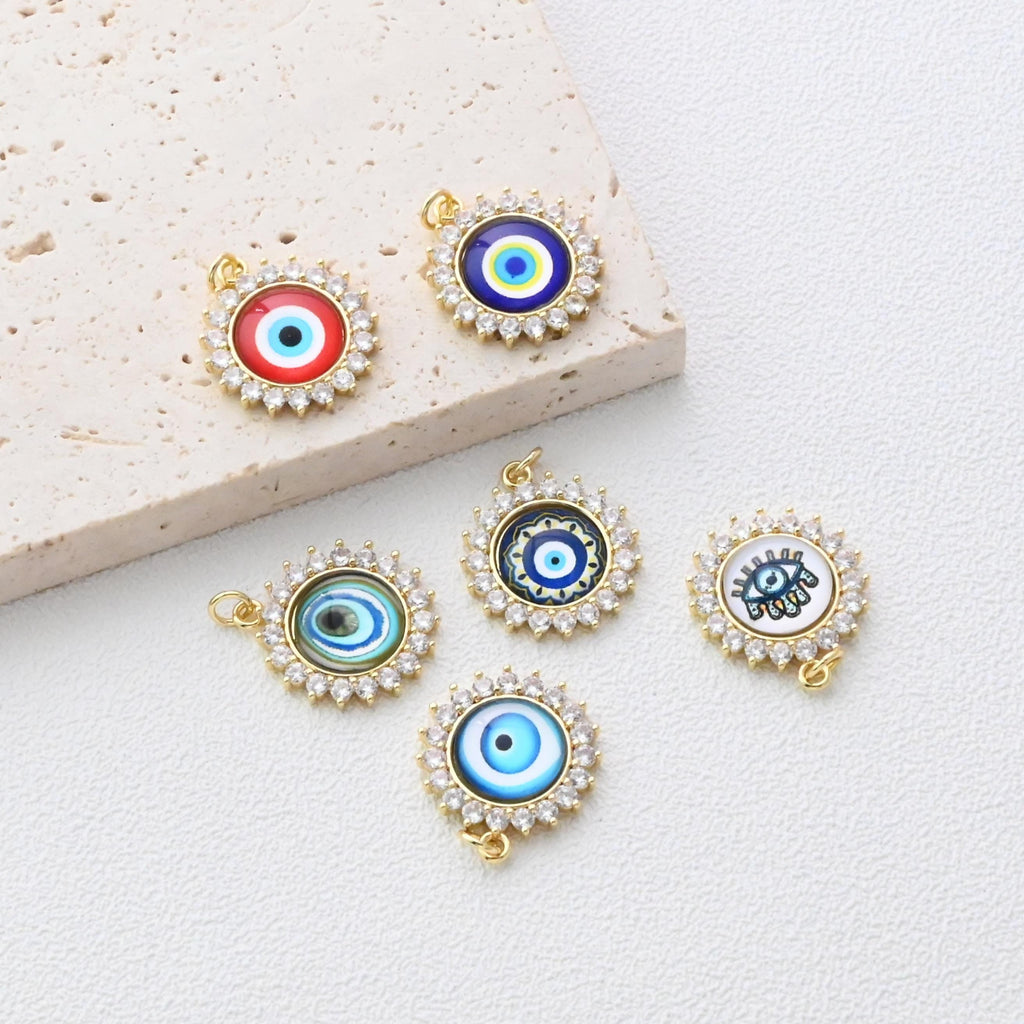 Evil Eye Charm, Enamel Devil's Eye Charm, Pave CZ, Round Pendant, 18K Gold Plated, Necklace Making Charm, Jewelry Findings S1347