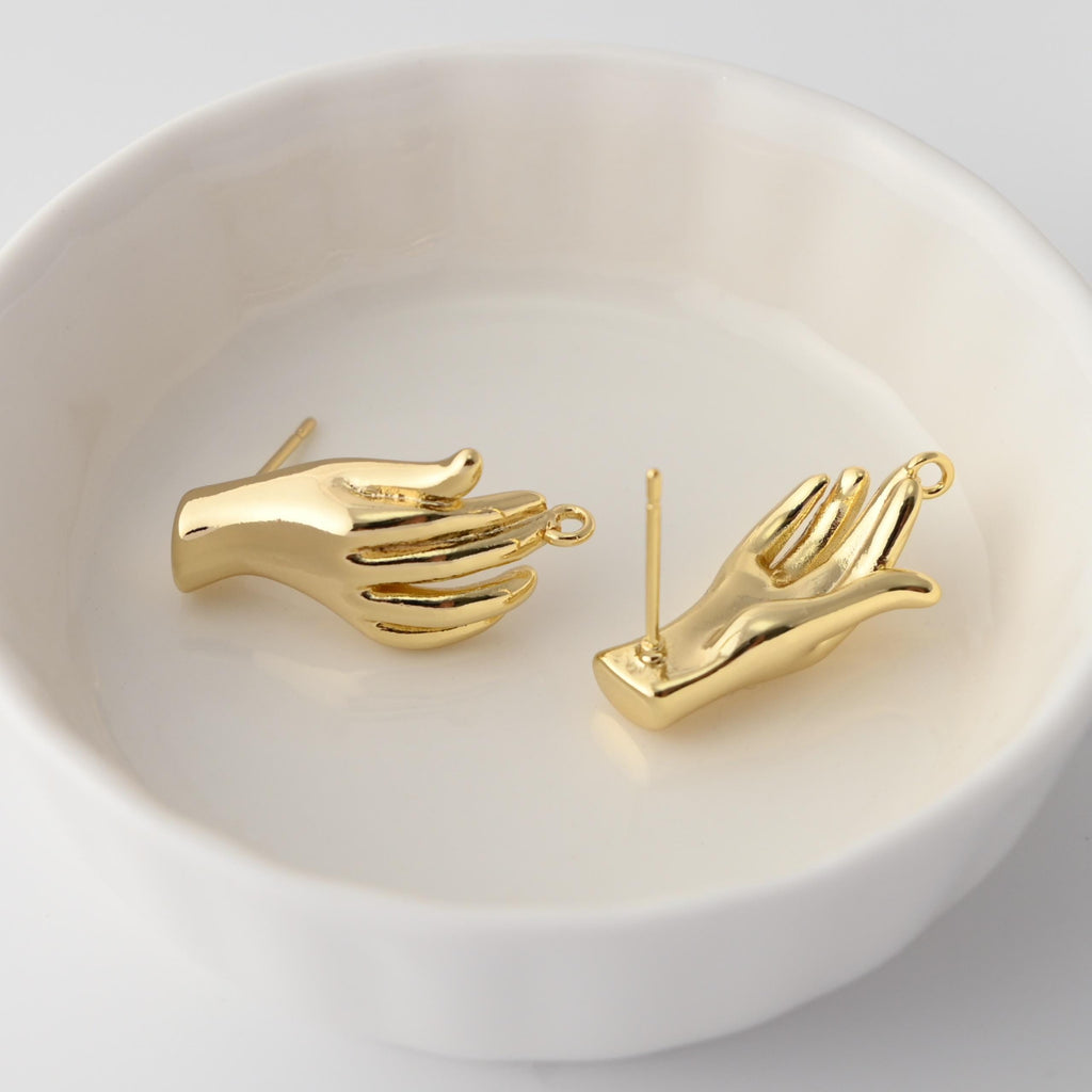 Gold Hand Earrings Post With Loop, 18K Gold Plated, Nickel Free, S925 Silver Pin,Ear Stud Hypoallergenic Earring Findings D0349
