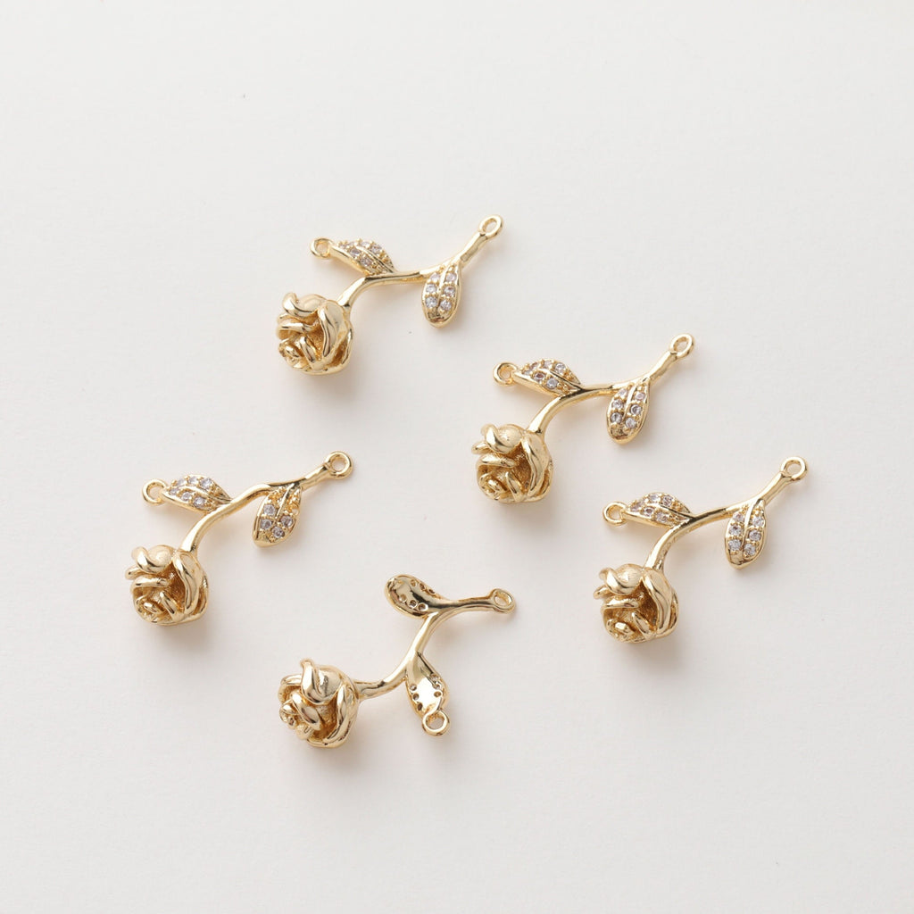 Gold Rose Flower Connector Charm with loops, CZ Pave Flower Charm Pendant for Bracelet Necklace Earring, Jewelry Findings JH029