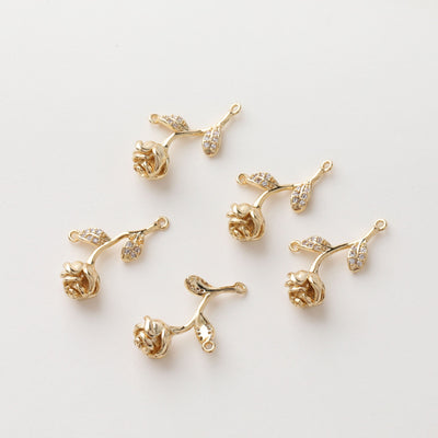 Dije conector de flor de rosa dorada con bucles, colgante de flor con pavé de circonitas cúbicas para pulsera, collar y pendientes, accesorios de joyería JH029