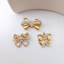 Load image into Gallery viewer, CZ Pave Bow Tie Charm, Cubic Zircon Crystal Bow Tie Pendant, Bracelet Necklace Pendant, Gold Plated, Jewelry Findings S1224