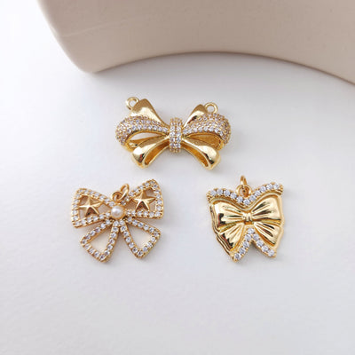 CZ Pave Bow Tie Charm, Cubic Zircon Crystal Bow Tie Pendant, Bracelet Necklace Pendant, Gold Plated, Jewelry Findings S1224