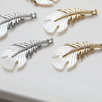 Feather Shell Pendant, Real Gold/Silver Plated, CZ Pave, Jewelry Making Findings GZ533