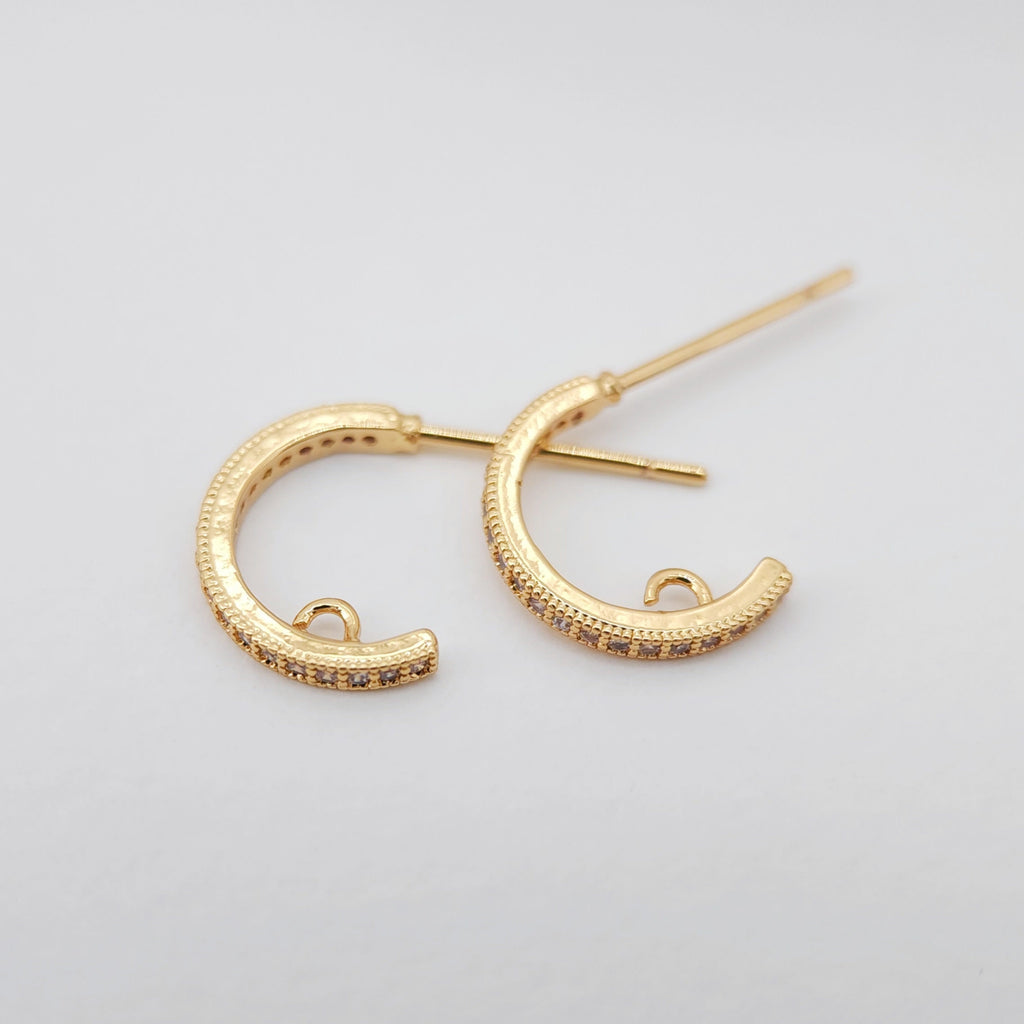 10PCS C Shape Ear Post with Loops, Nickel Free, CZ Pave, 12x2mm, 18K Gold Plated Circle Stud Earring Finding S274