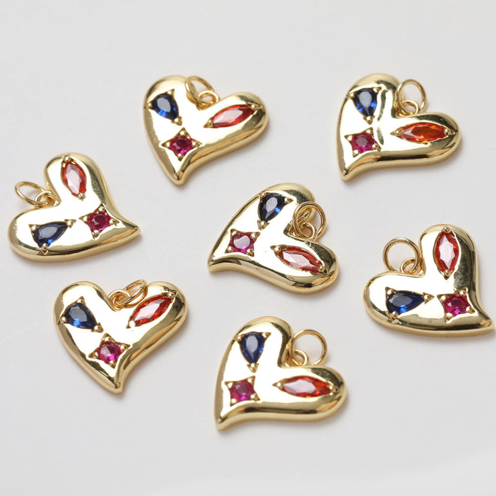 Gold Heart Charms, Rainbow CZ Pave, 18K Gold Plated, Love Pendant, Necklace Making Pendants, Jewelry Findings GZ343