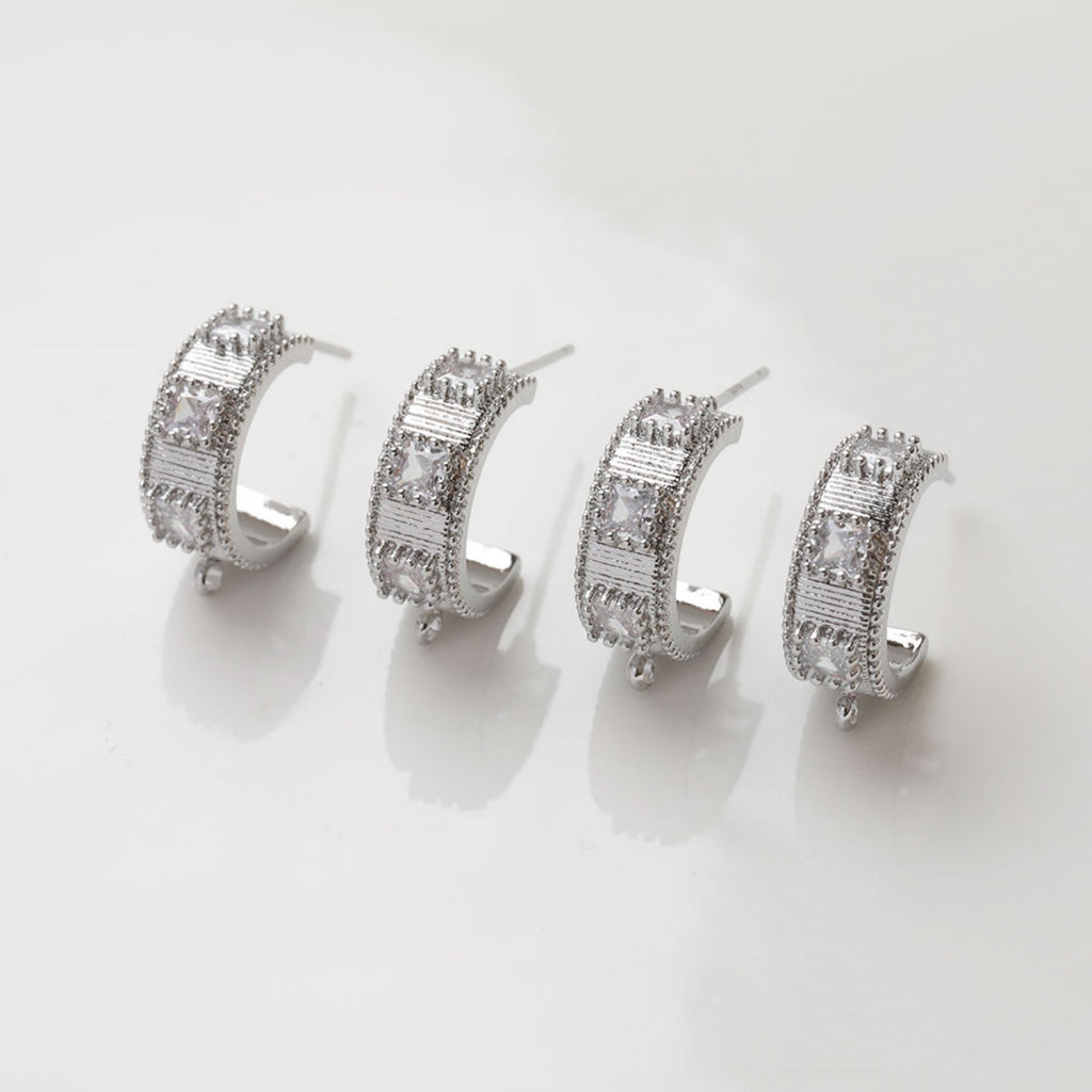 C Shape Earrings Post, 14K Gold/Silver Plated, CZ Pave, S925 Silver Ear Pin Nickel Free, Ear Stud Hypoallergenic Earring Findings GZ406