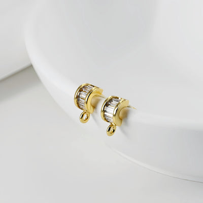 C Shape Ear Post, Nickel Free, CZ Pave, 9.7*4.3mm, S925 silver pin, 18K Gold Plated Stud Earring Finding D0446