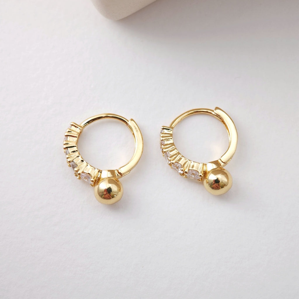 Cubic Ear Hoops with Round Ball, Pave CZ, 16mm, 18K Gold Plated Leverback Earrings, Huggie Hoops Earring S1186