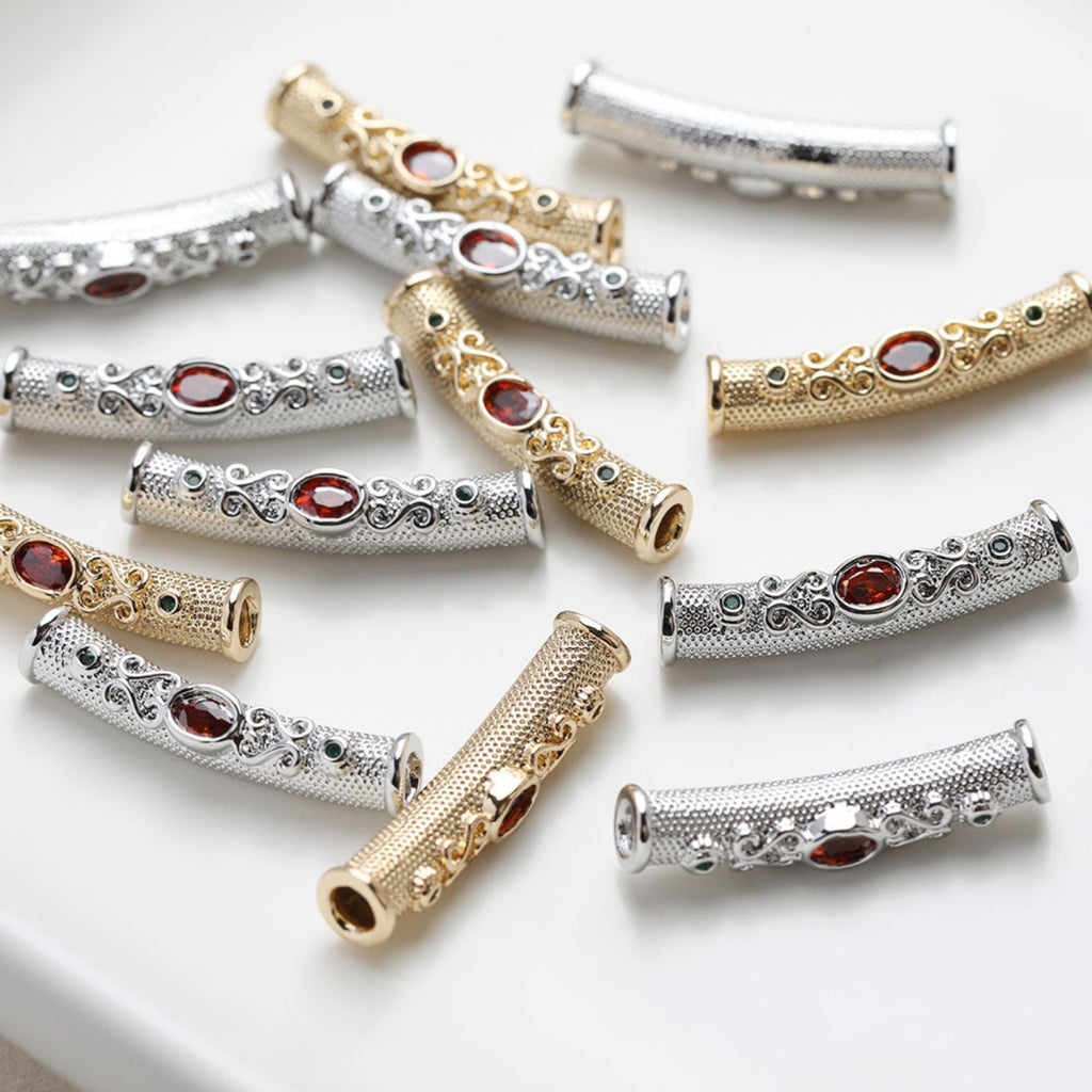 Vintage Curved Spacer Beads, Zircon Curved Tube Beads, 14K Gold/Silver Plated, Bracelet and Necklace Making， Jewelry Findings SC027