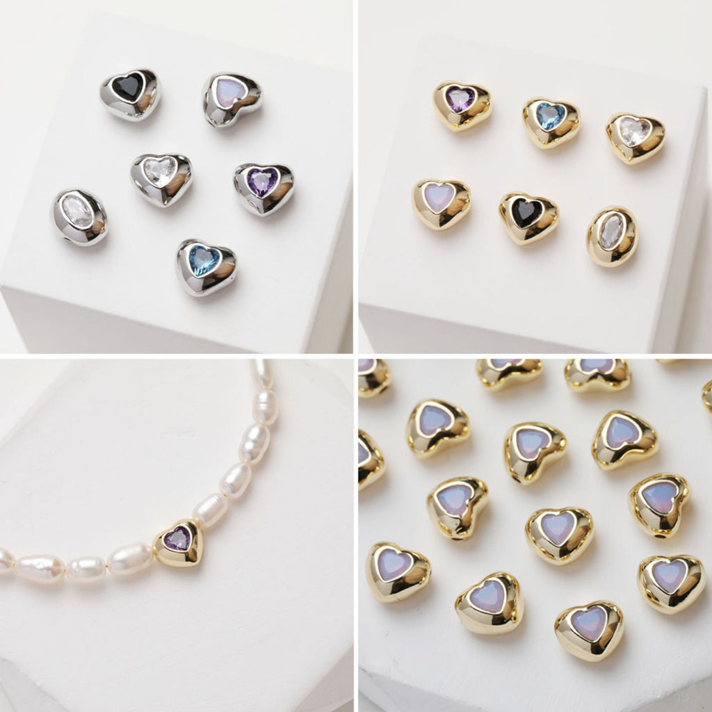 Heart Spacer Beads, 14K Gold, Silver Plated, CZ Pave Beads, Heart Pendant, Jewelry Making Supplies GZ413