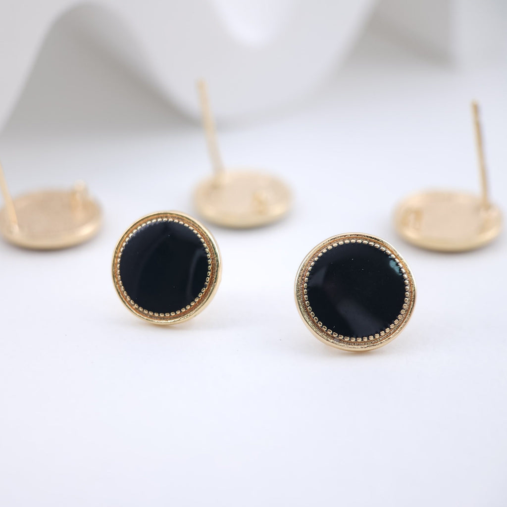 Black Enamel Earring Posts, Round Post Earrings with Loop, S925 Silver Pin, Handmade Earring Finding, DIY Earring Supplies ZX233