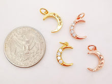 Load image into Gallery viewer, Cubic Crescent Moon Charm, 18K Gold Plated Moon Pendant, Clear Micro CZ Pave Horn Charms, Jewelry Findings S773