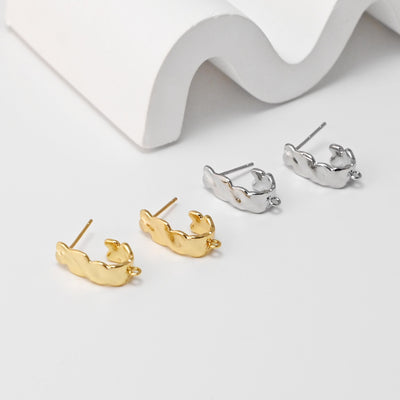 Pleated U Shape Earrings Post With Loop, 18K Gold Plated, Nickel Free, S925 Silver Pin, Ear Stud Hypoallergenic Earring Findings D0458