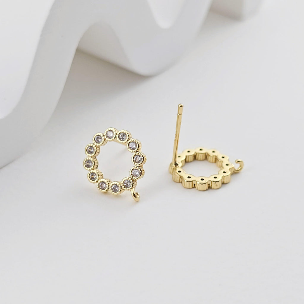 Circle Ear Post with Loops, S925 Silver Ear Pin Nickel Free, Micro CZ Pave, 13.6*11.3mm, 18K Gold Plated Stud Earring Finding D0275