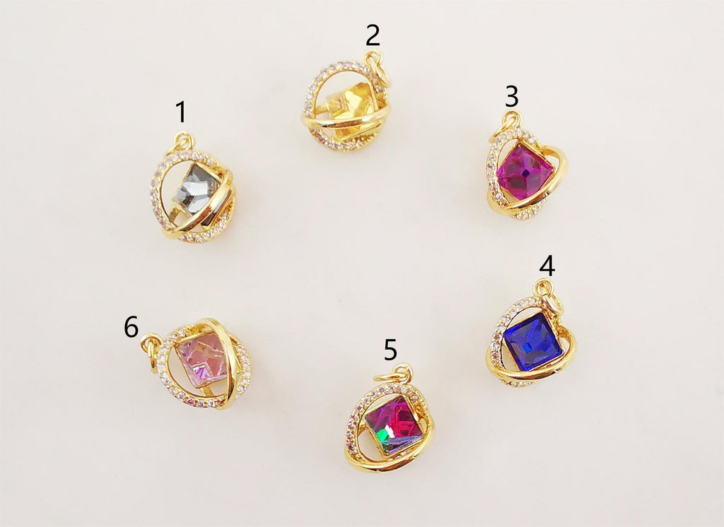 Planet Crystal Pave Charm, Multi Color Gemstone Planet Pendant, 15mm, Gold/Silver, Necklace Making Charms, Jewelry Findings S20285