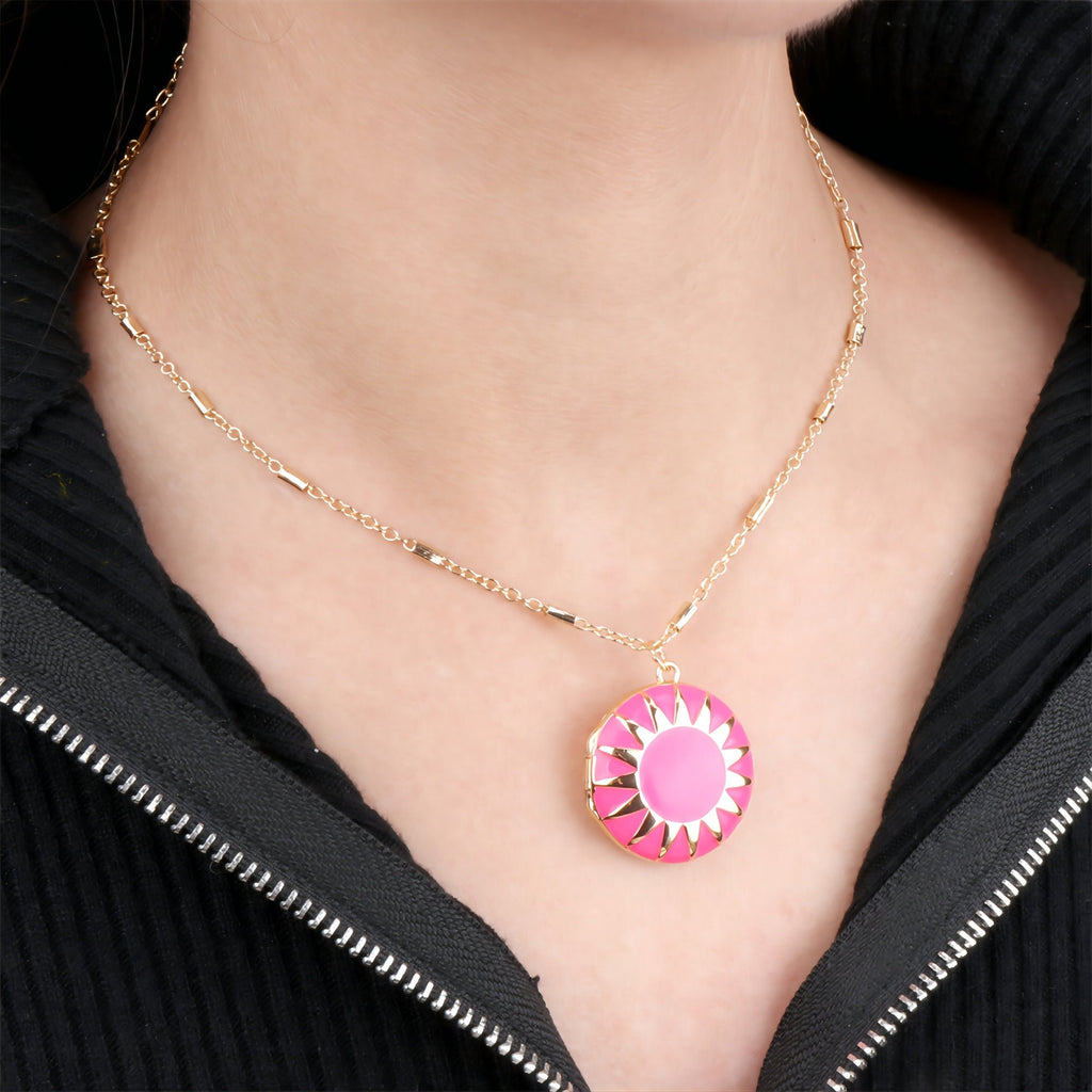 Locket Charm, Enamel Sun, 18K Gold Plated Round Pendant, 25mm, Necklace Making Charm, Jewelry Findings S20296