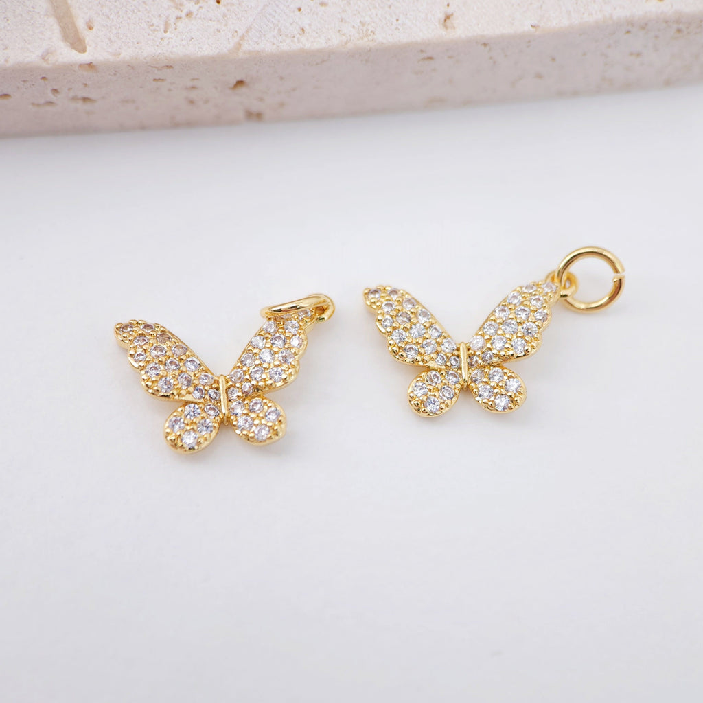 Dainty Butterfly Charm, 18K Gold Plated Pendant, CZ Pave, Animal Charm, 12x15mm, Necklace Jewelry Finding S779