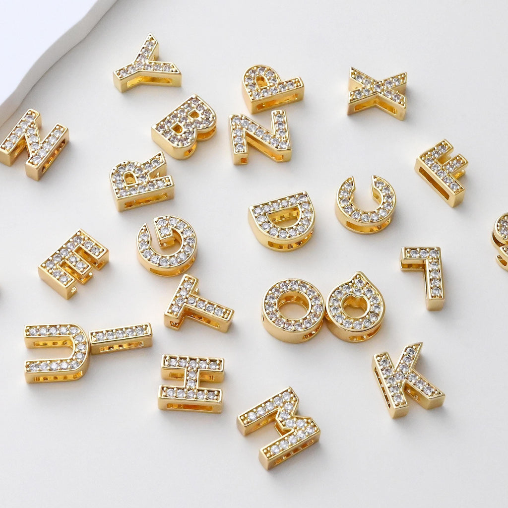 18K Gold Alphabet Letter Beads, CZ Initial Beads, Letter Charms, Double-sided hollowing, Letter Inital beads, For Necklace Bracelet  S1396