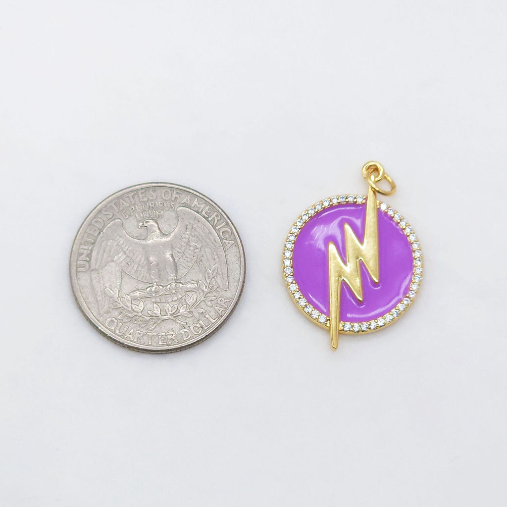 Multicolor Enamel Round Coin Charm, Pave CZ, 18K Gold Plated Lightning Pendant, 20mm, Necklace Bracelet Making Pendant S20456