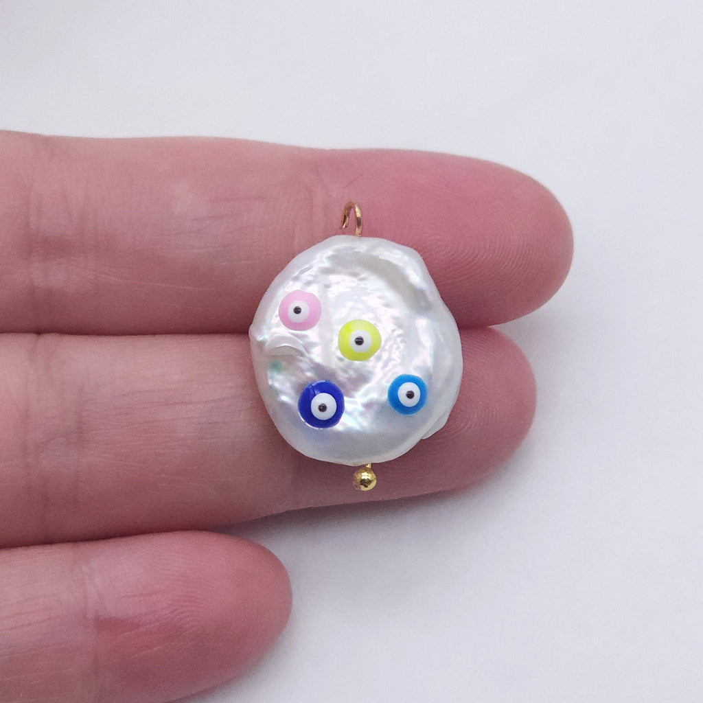 Natural Freshwater Pearl Beads, Enamel Evil Eye Baroque Pearl Charm, 18K Gold Plated, 17mm, Bracelet Necklace Making Jewelry Finding S20597