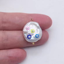 Load image into Gallery viewer, Natural Freshwater Pearl Beads, Enamel Evil Eye Baroque Pearl Charm, 18K Gold Plated, 17mm, Bracelet Necklace Making Jewelry Finding S20597