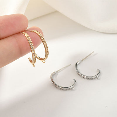 C Shape Earrings Post With Loop, 14K Gold/Silver Plated, S925 Silver Ear Pin Nickel Free Earrings, Pave Cubic Stone, Earring Findings YL002