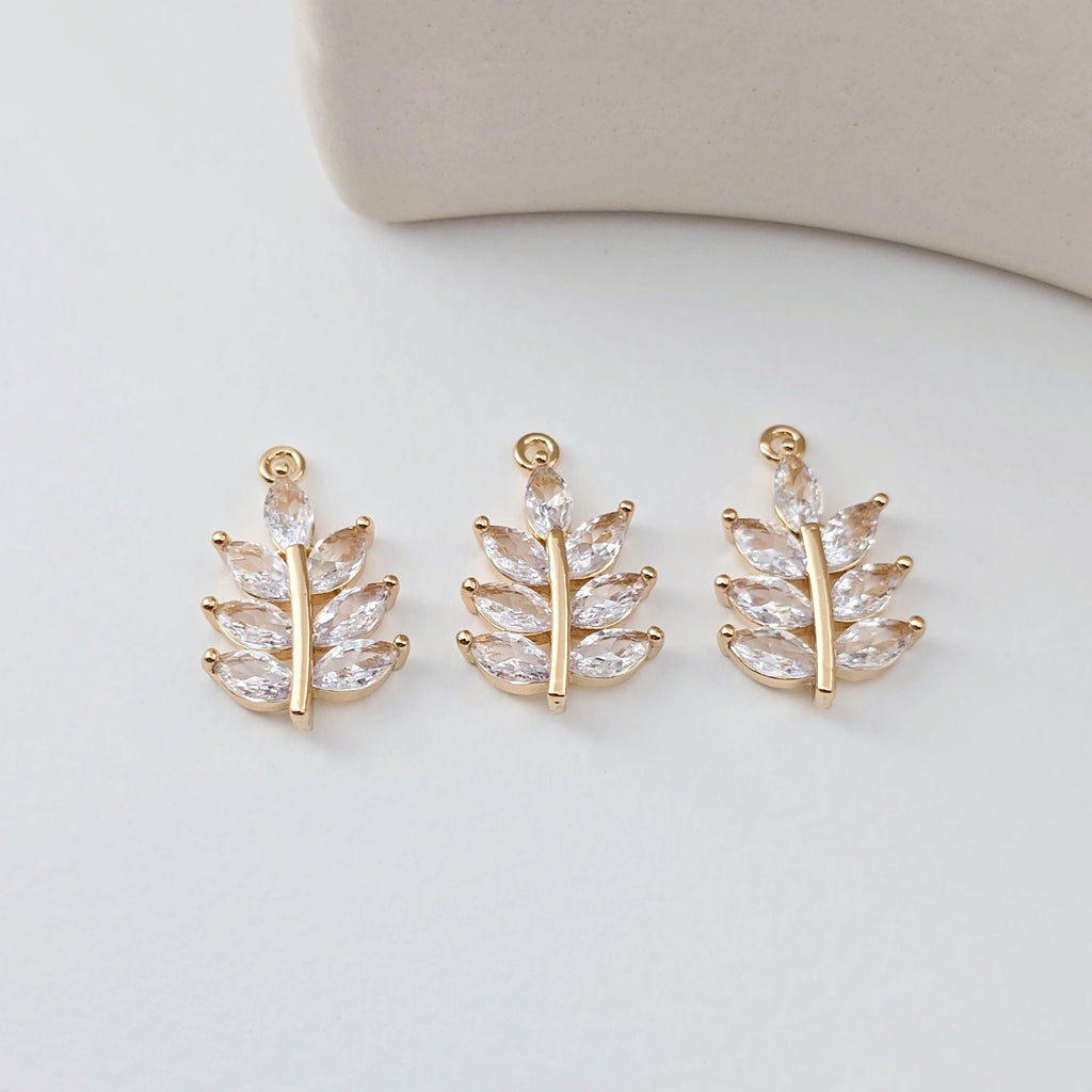 Leaf Charm, Cubic Zircon Crystal Leaf Pendant, CZ Earring Charms,  Real Gold Plated Brass Earring Charms, Jewelry Findings D0305