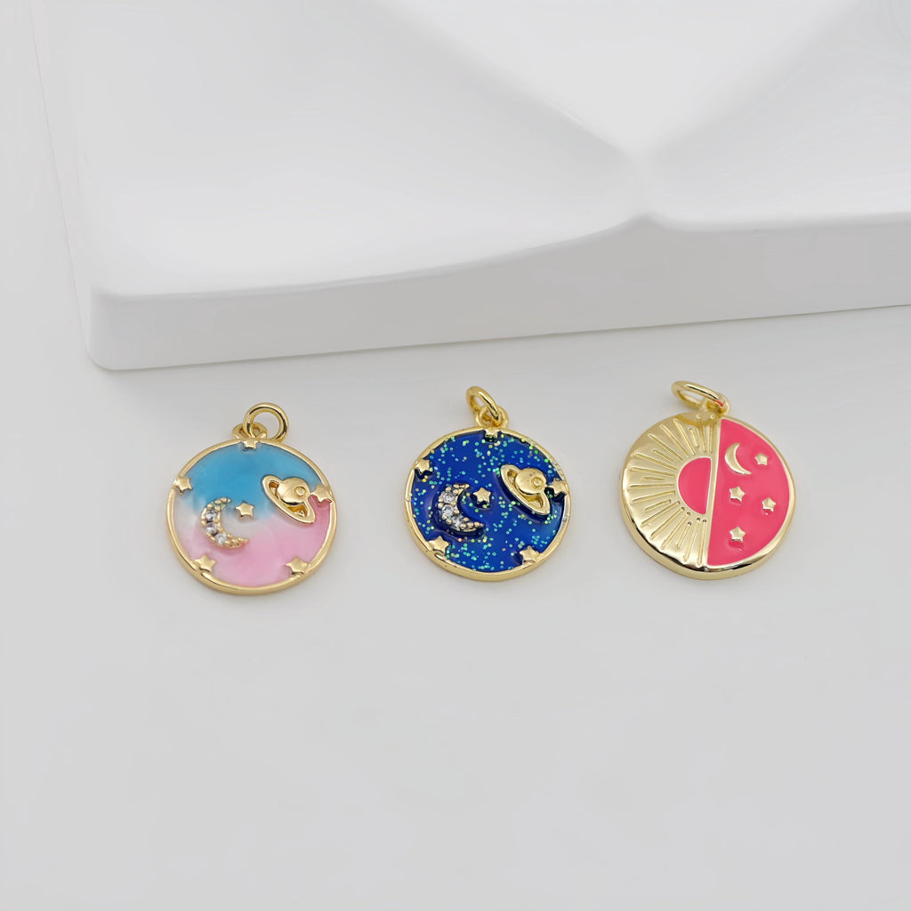 Enamel Cubic Moon & Star Charm, 18K Gold Plated Multicolor Pave Round Pendant, Necklace Making Charm, Jewelry Findings S20769