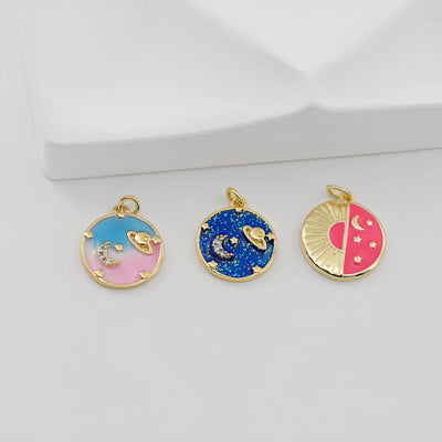 Enamel Cubic Moon & Star Charm, 18K Gold Plated Multicolor Pave Round Pendant, Necklace Making Charm, Jewelry Findings S20769