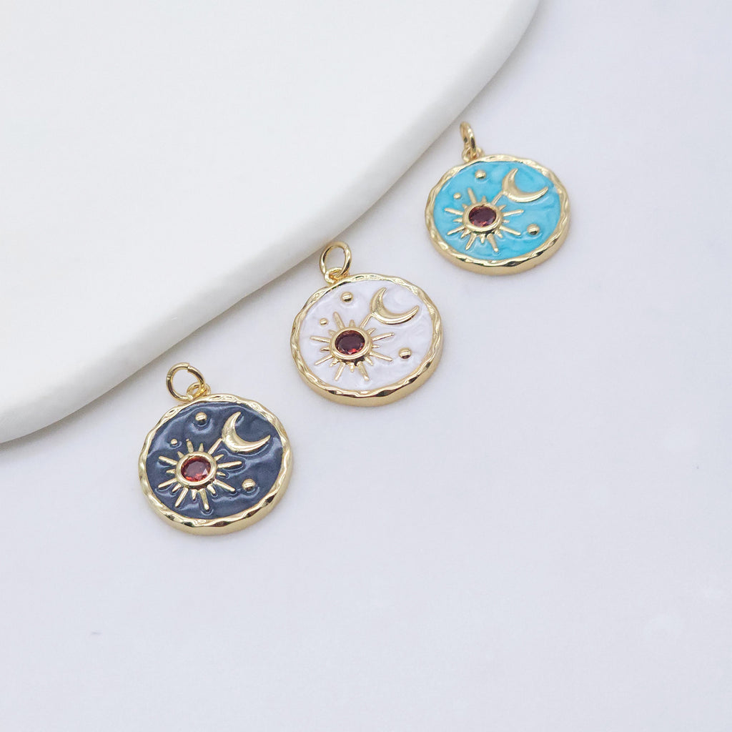 Enamel Cubic Moon & Star Charm, 18K Gold Plated Multicolor Pave Round Pendant, 18mm, Necklace Making Charm, Jewelry Findings S20235