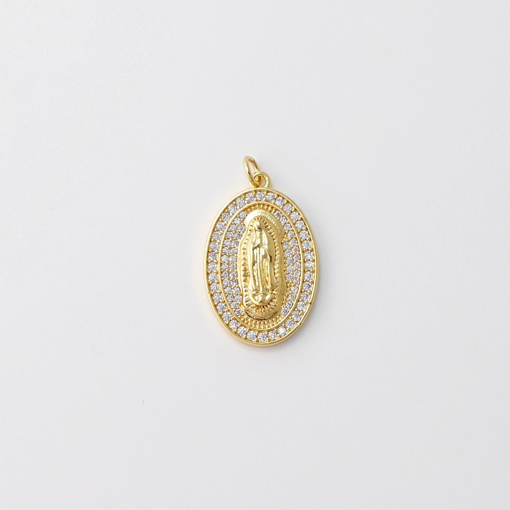 Cubic Saint Maria Charm, Religious Pendant, 18K Gold Plated Micro CZ Pave Our Lady Pendant, Vintage Necklace Making Charm S20827