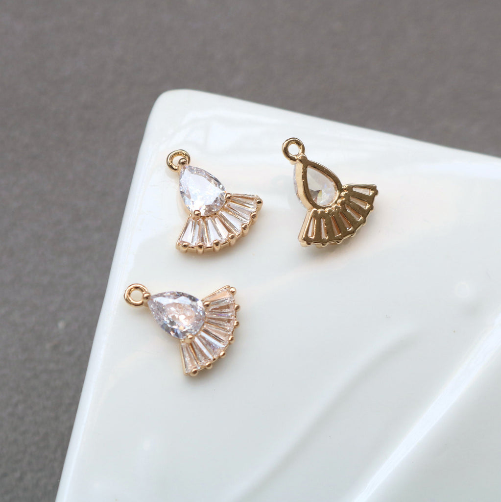 CZ  Fanshaped Charm, Cubic Zircon Crystal Crown Pendant, CZ Earring Charms, Gold Plated Brass Earring Charms, Jewelry Findings HL015-F199