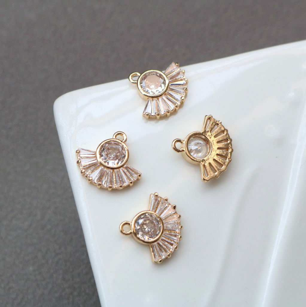 CZ  Fanshaped Charm, Cubic Zircon Crystal Crown Pendant, CZ Earring Charms, Gold Plated Brass Earring Charms, Jewelry Findings HL015-F199
