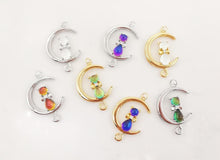 Load image into Gallery viewer, Dainty Cat on Moon Charm, CZ Pave Moon Pendant, Crystal Cat Multi Color, 18K Gold Plated, Necklace Pendant Findings S20278