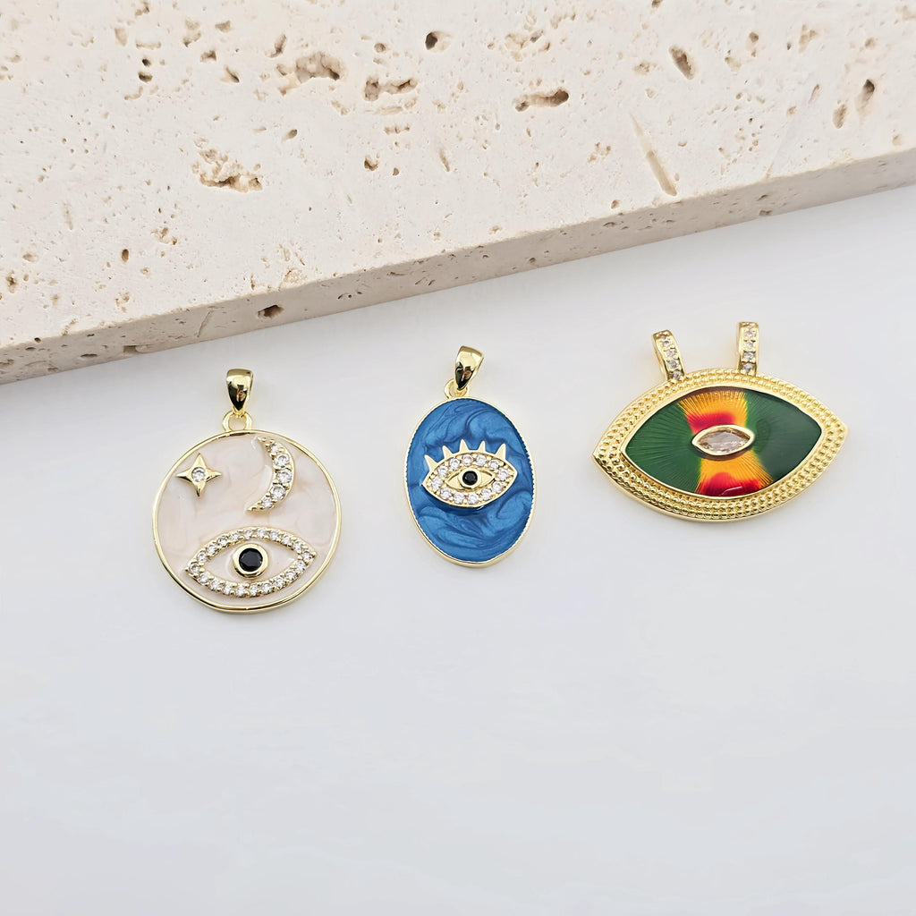 Enamel Evil Eye Charm, 18K Gold Plated Eye Pendant, CZ Pave Charm, Necklace Making Charm, Jewelry Findings S1286