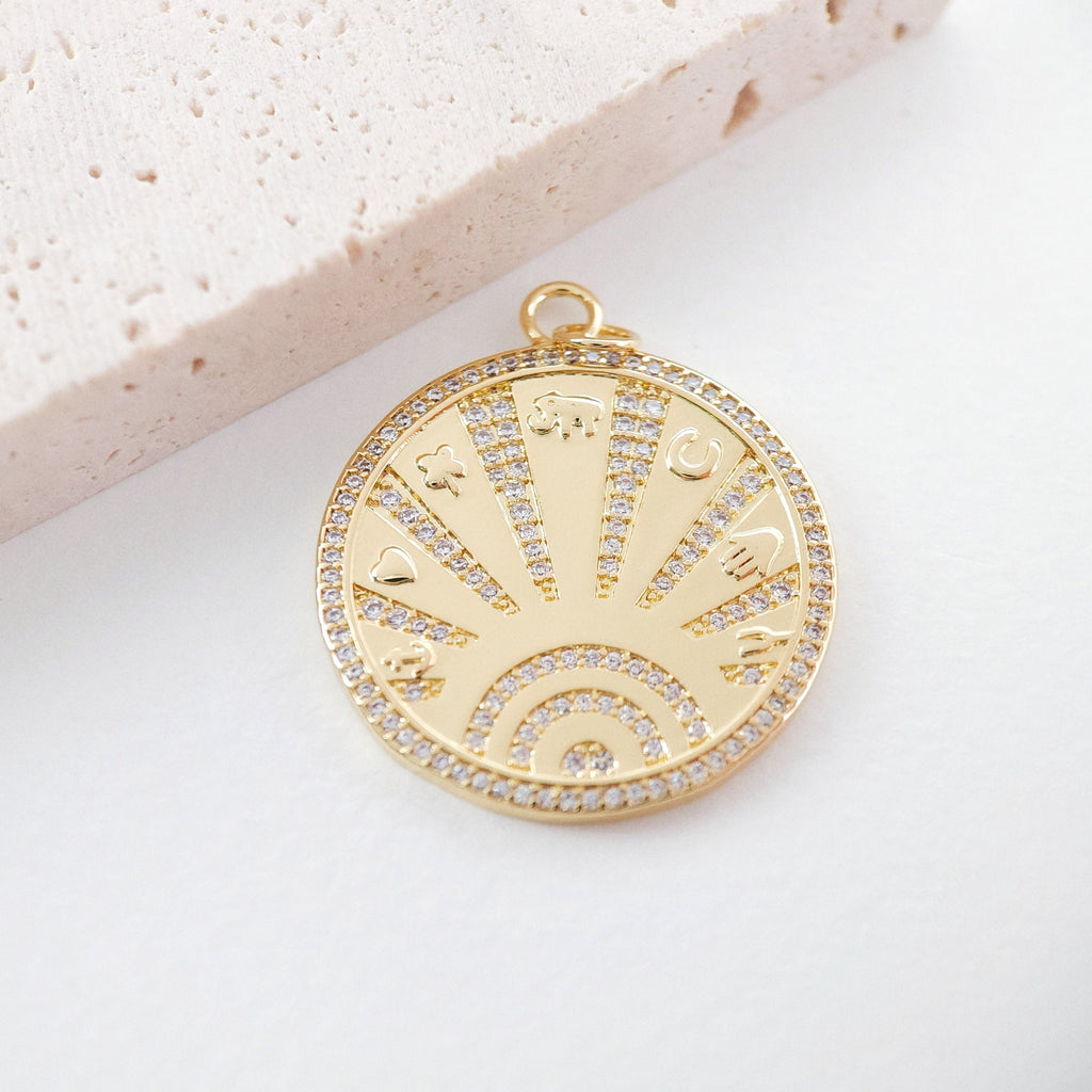 Gold Sun Charm, Cubic Sunshine Round Pendant, 18K Shiny Gold Plated Micro CZ Pave, 28mm, Necklace Making Charm, Jewelry Findings S20729