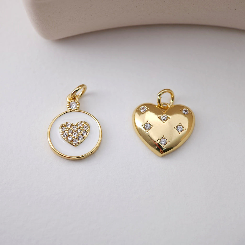 Round Heart CZ Charm, 18K Gold Plated Enamel Heart Pendant, Necklace Making Charm, Jewelry Findings S1211
